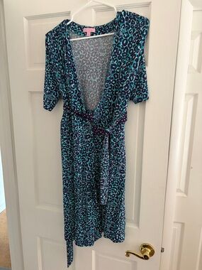 Lilly Pulitzer Teal & Navy Leopard Print Wrap Midi Dress size sm